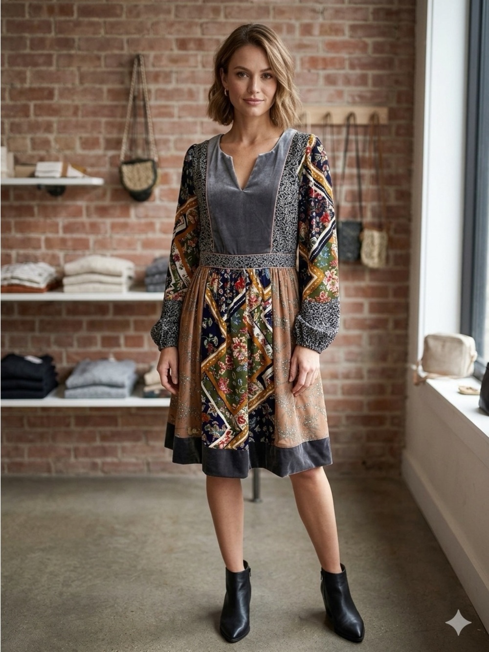 ANTHROPOLOGIE Mystree Gray Velvet Tan Patchwork Mixed Print Long Sleeve Dress